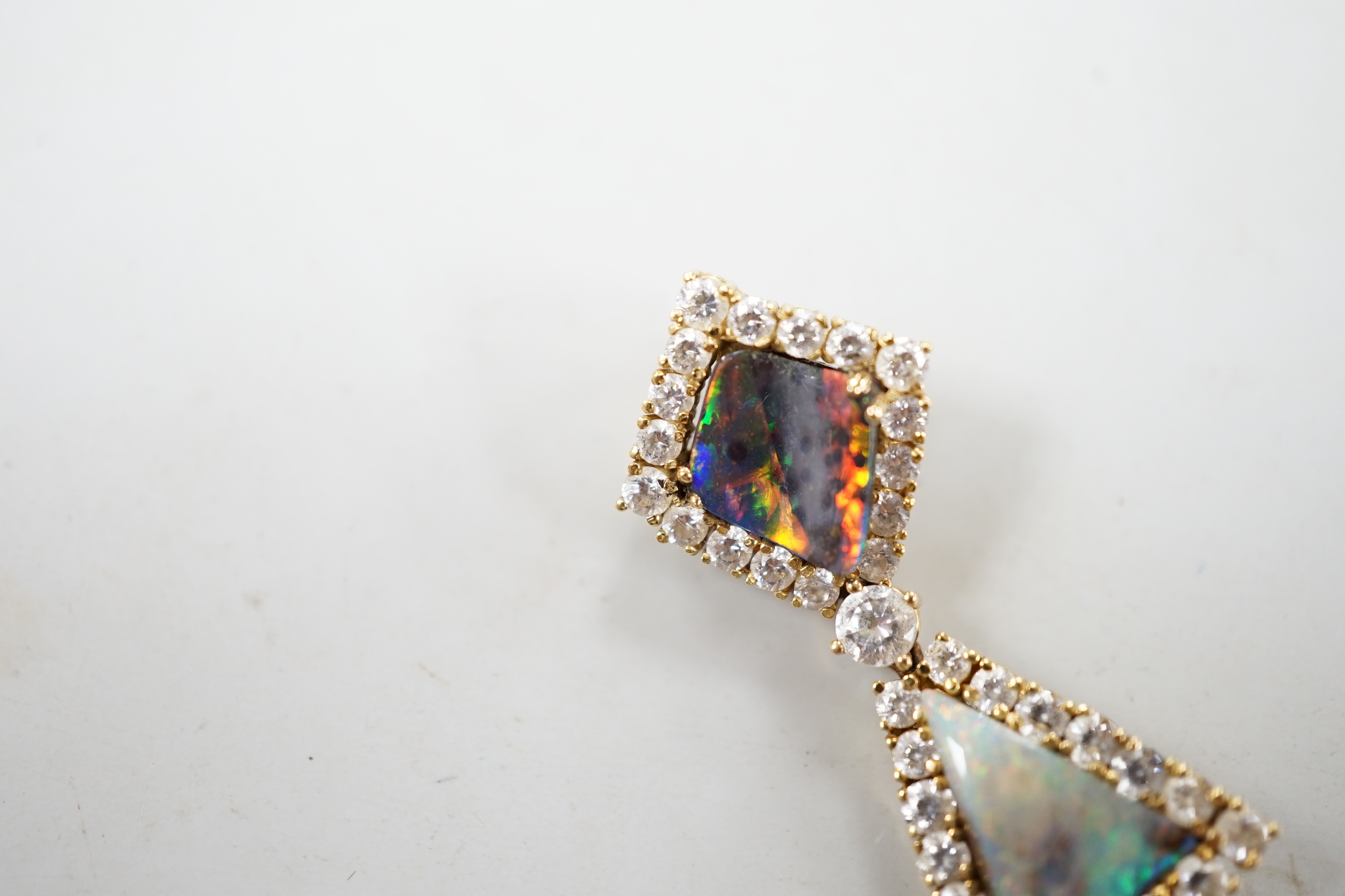 A modern 18k gold, two stone opal and white sapphire? cluster set drop pendant, 40mm, gross weight 5.7 grams.